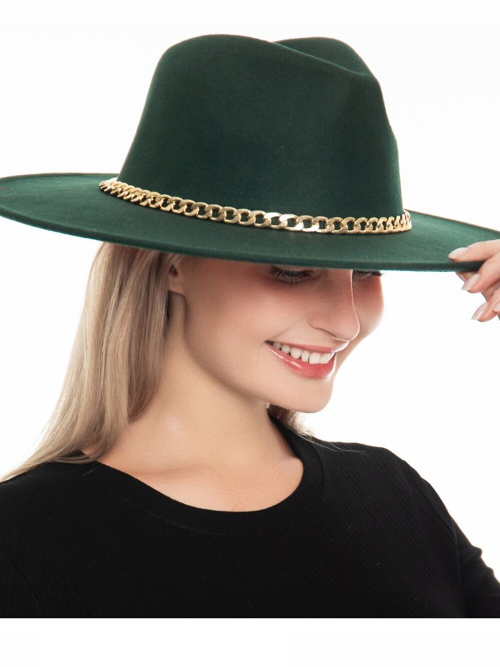 Green Fedora Hat with Gold Chain for Women Wide Brim Red Bottom M-L